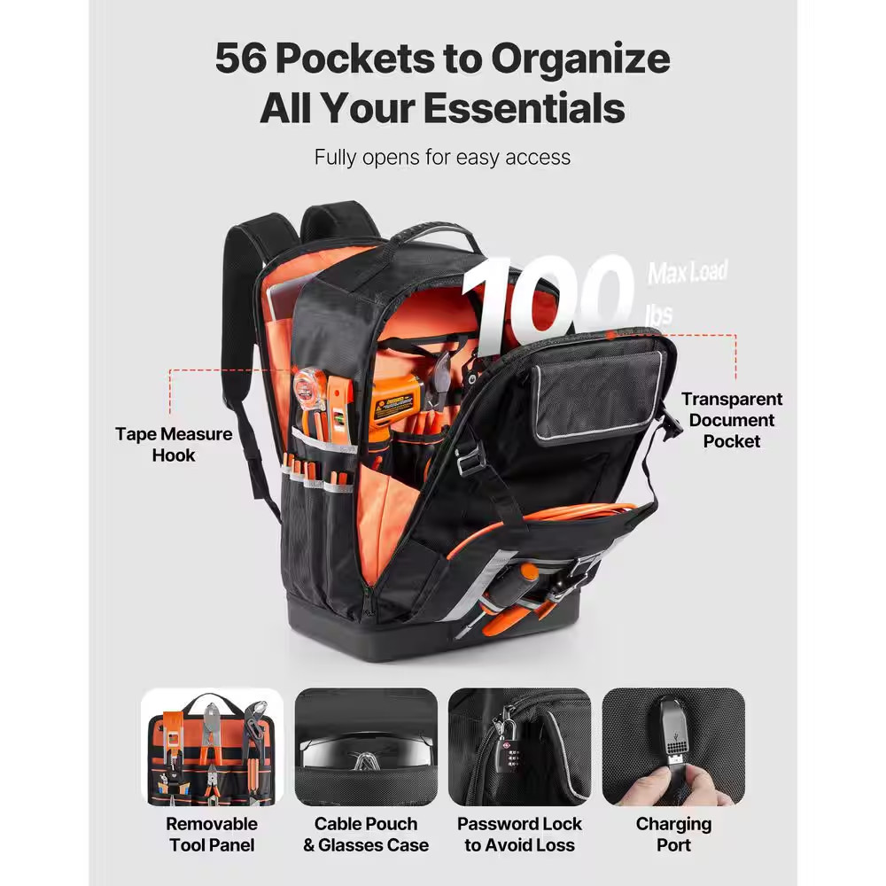 Tool Backpack, 56 Pockets, Heavy-Duty Tools Storage Organizer Bags with Molded B