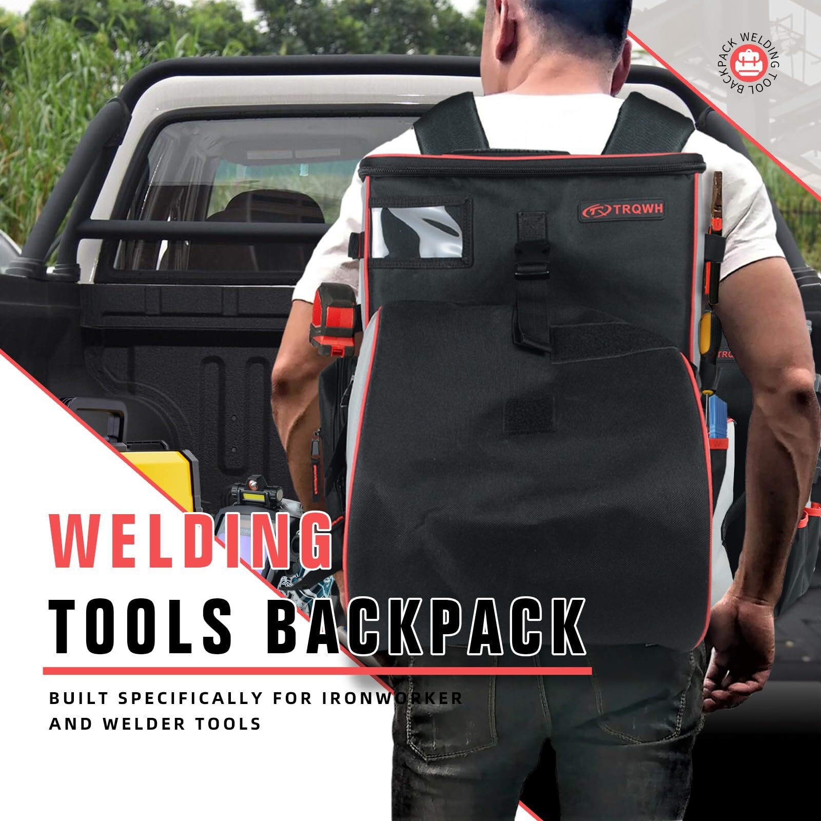 Large Capacity Welding Backpack w/ Helmet Catch, Waterproof Tool Bag for Welders