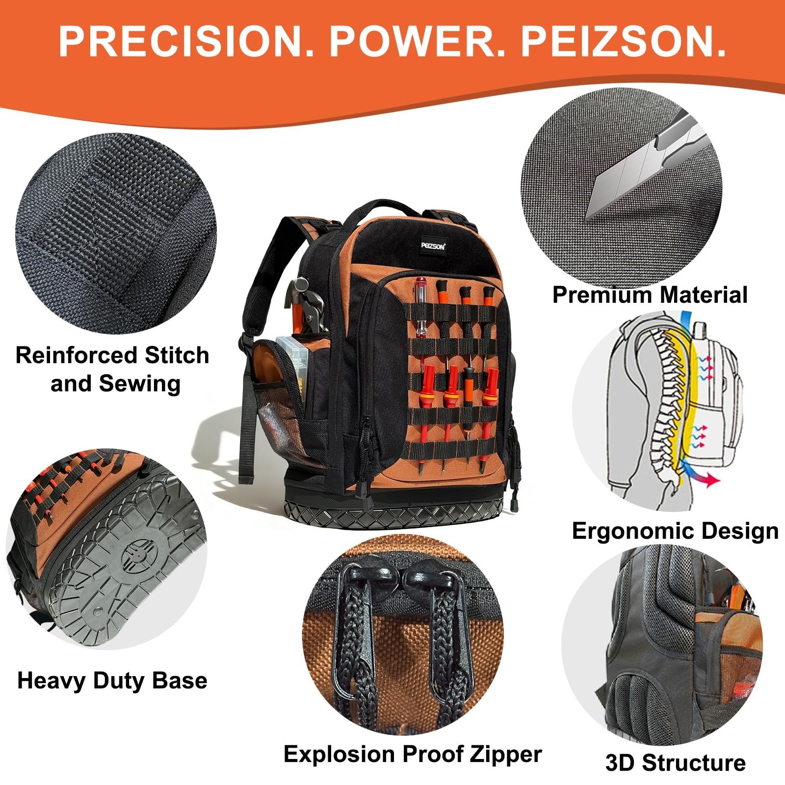 Heavy-Duty Tool Backpack for Electricians, HVAC, Mechanics – 41 Pockets, 4 Compa