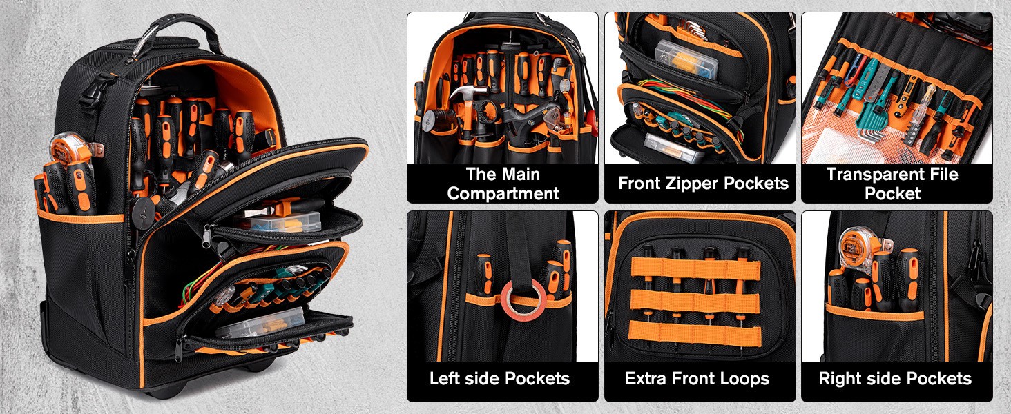 AUROPEAK 2-In-1 Rolling Tool Backpack, Heavy Duty, 47 Pockets, 1680 D, w/ Wheels