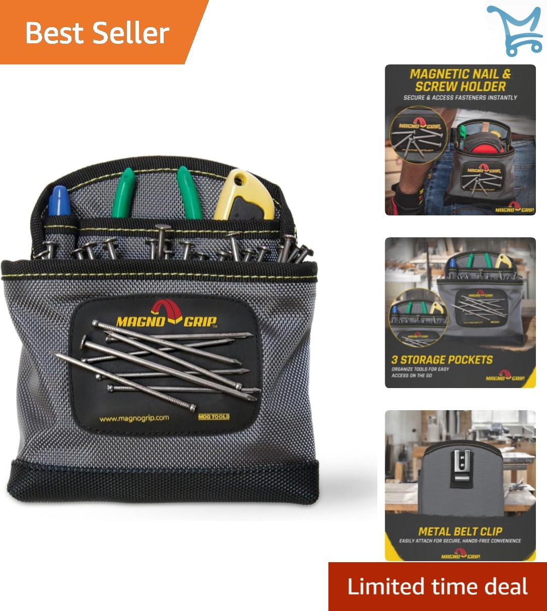 3-Pocket Magnetic Nail Pouch Durable Ballistic Polyester Tool Belt Organizer
