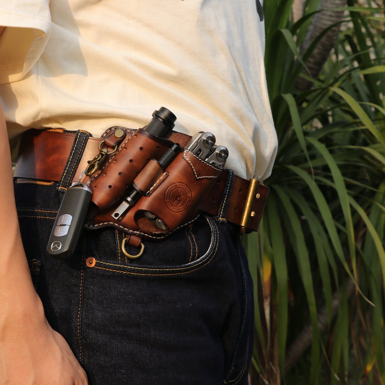 Tourbon Leather EDC Multitool Sheath Flashlight Holder Pen Belt Holster Camping