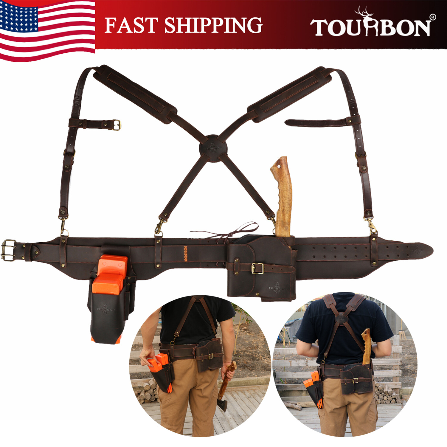 TOURBON Outdoor Leather Loggers Tool Carry Suspender Belt Pouch Woodsmen Felling
