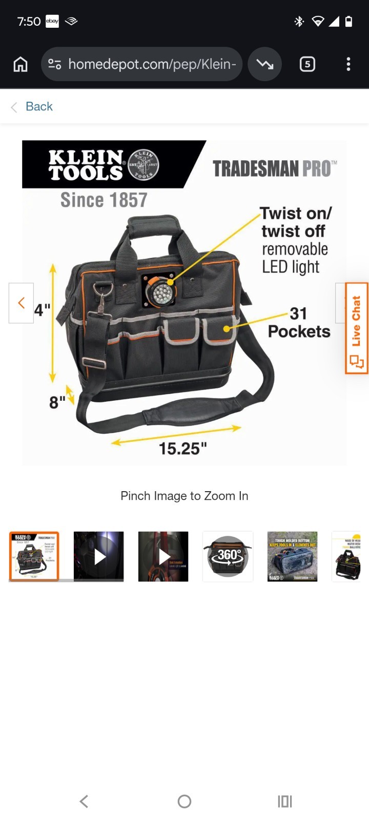 Klein Tools Tradesman Pro Tool Bag 15.25in Black/Orange/Gray 31 Pockets LED