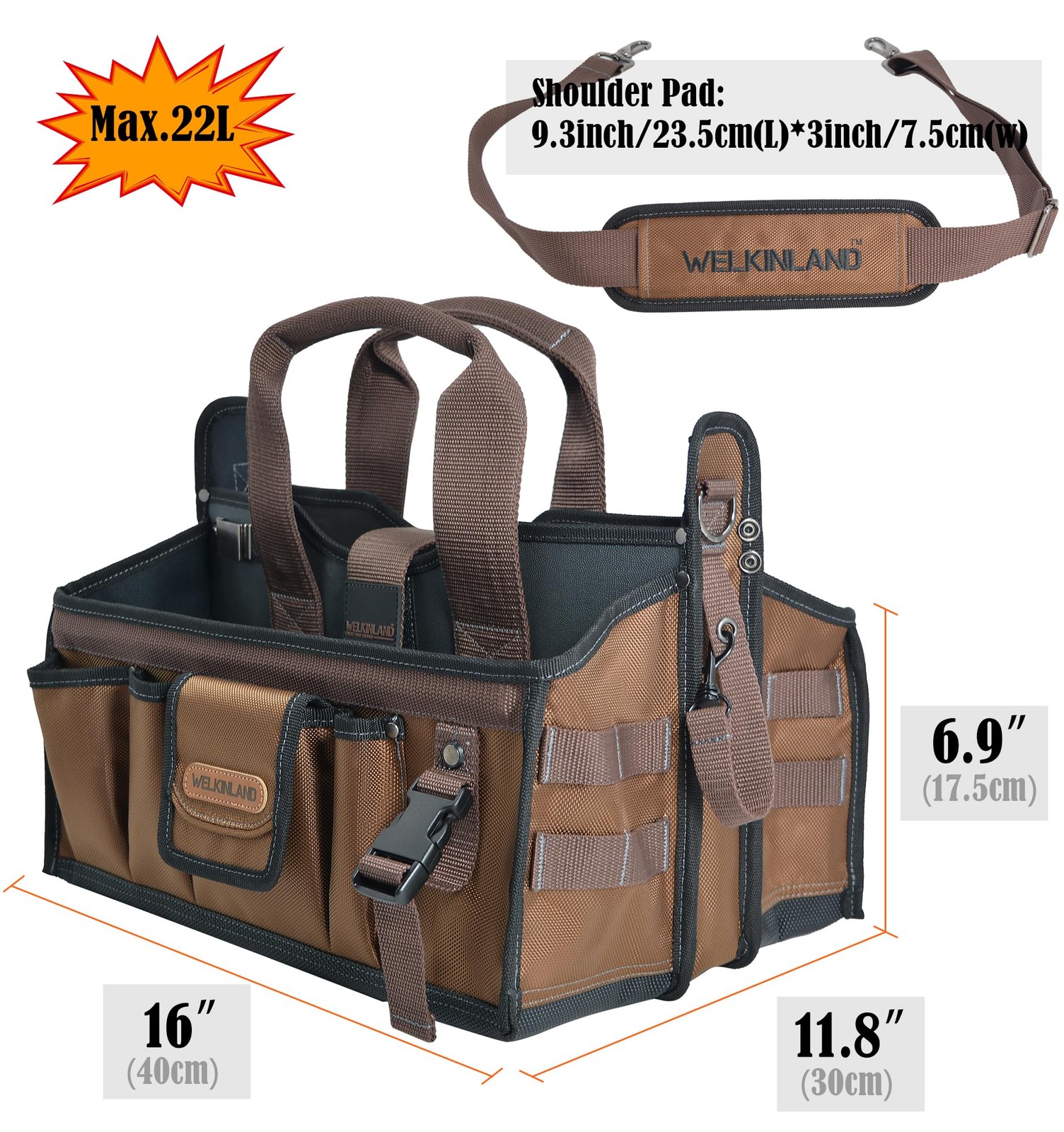 WELKINLAND 20-Pockets Tool Tote Bag, 16″ Electrician Black/Brown