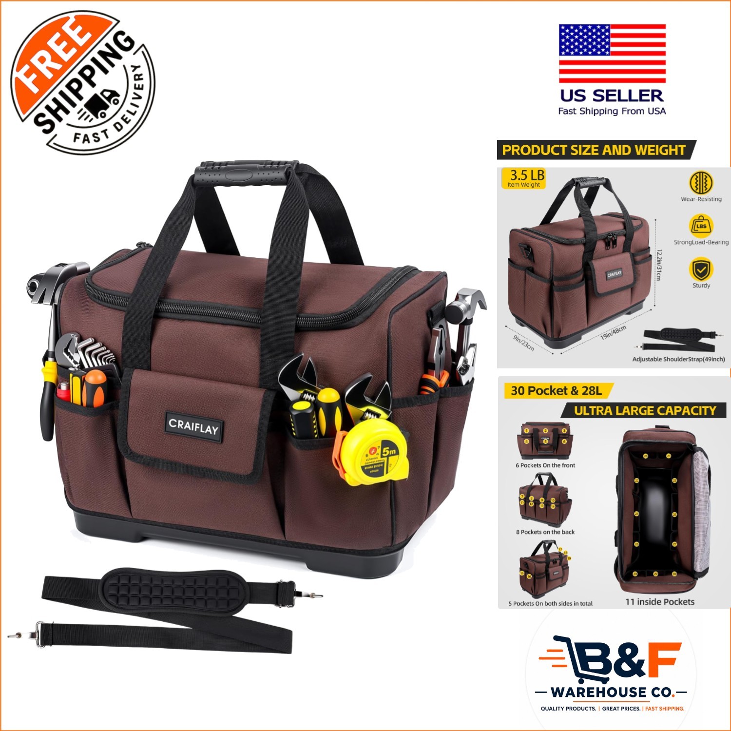 Adjustable 19” Tool Bag for Heavy-Duty Use – 30 Compartments for Quick Access