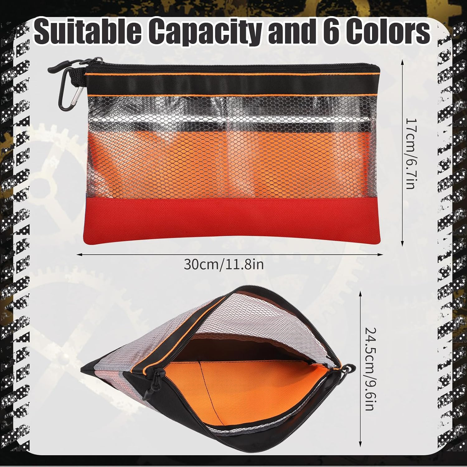 6 Pack Clear Mesh Tool Pouch Zipper Bags 11.8 Inch Heavy Duty Storage Organizer