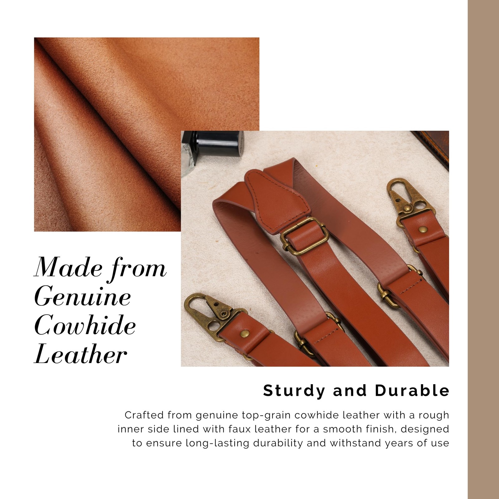 SAIGON handicraft Leather Suspenders Adjustable length (32″ to 54″), Brown