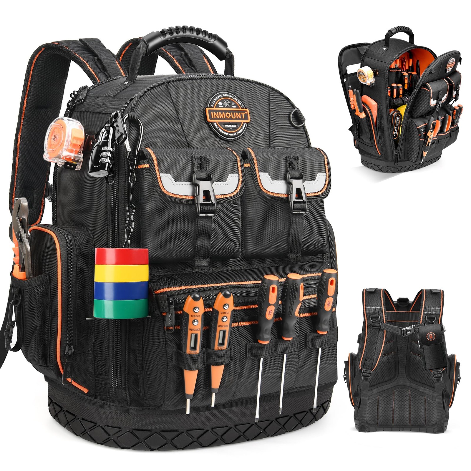 LOKASS Tool Backpack Heavy Duty with Molded 11.41″L x 6.1″W x 17″H, Black
