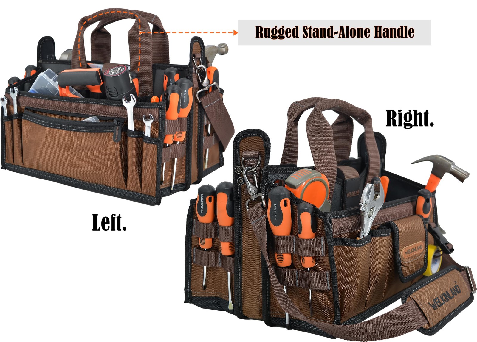 WELKINLAND 20-Pockets Tool Tote Bag, 16″ Electrician Black/Brown