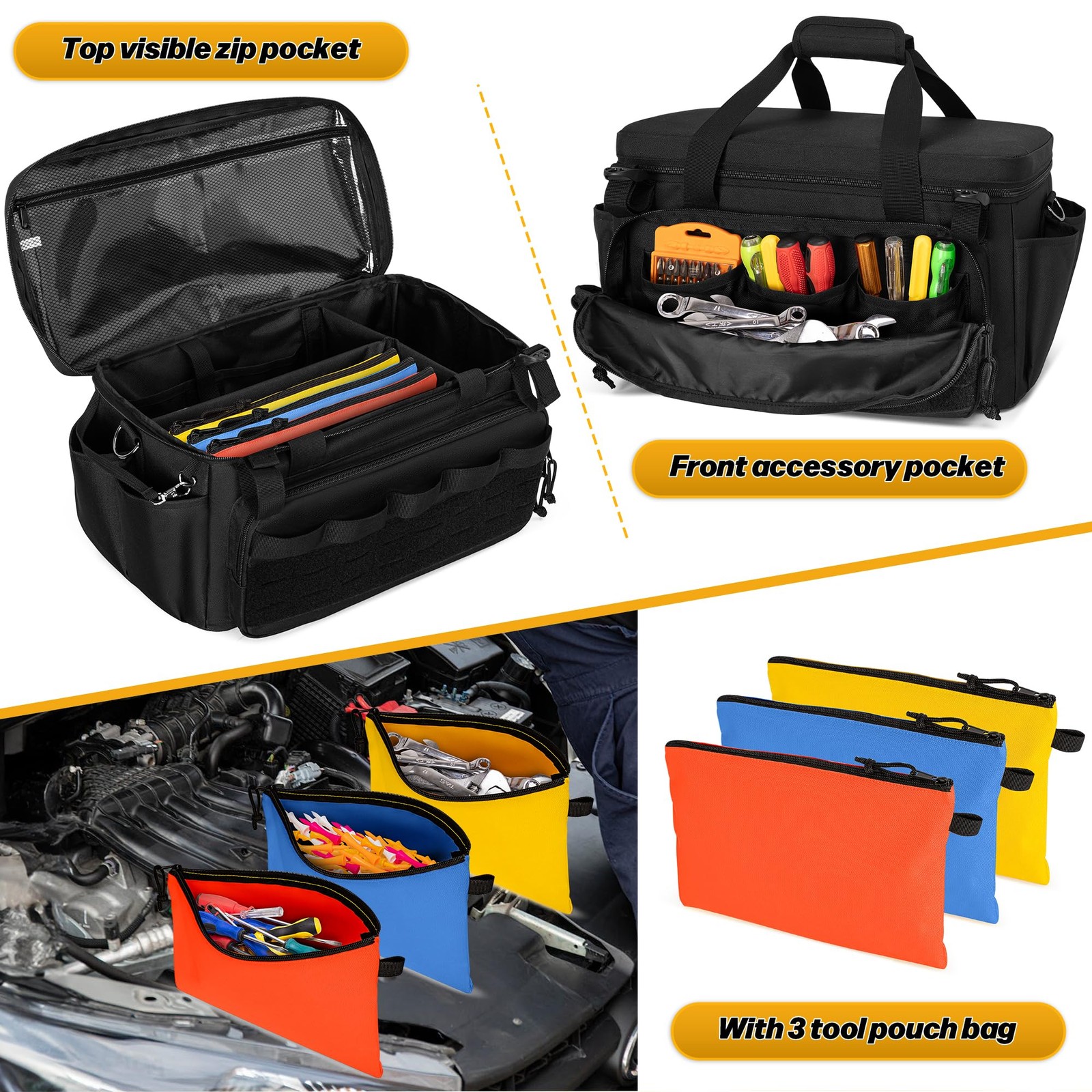 Rexmica 17-Inch Tool Bag with 3 Tool Pouches, Tool Storage Organizer Bag with…