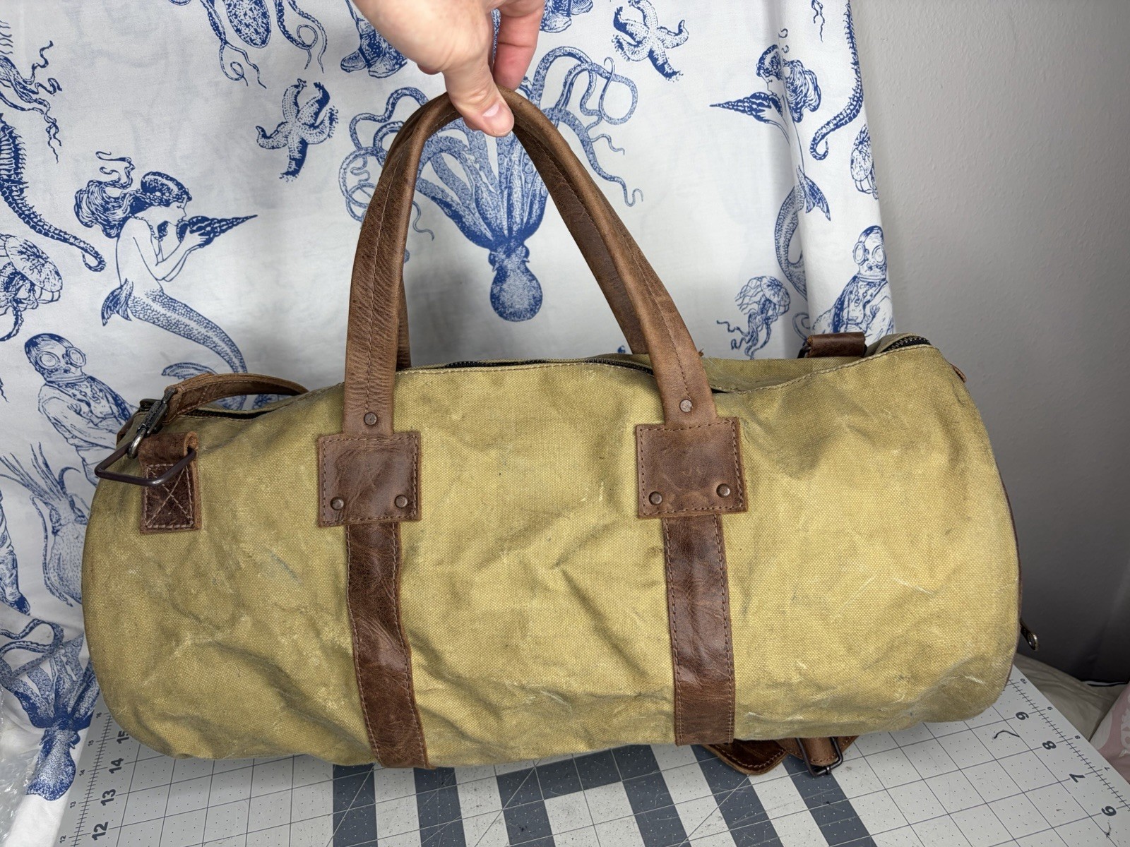 Hide & Drink Waxed Canvas Beige Duffle Weekend Bag W/ Leather Shoulder Strap (K2