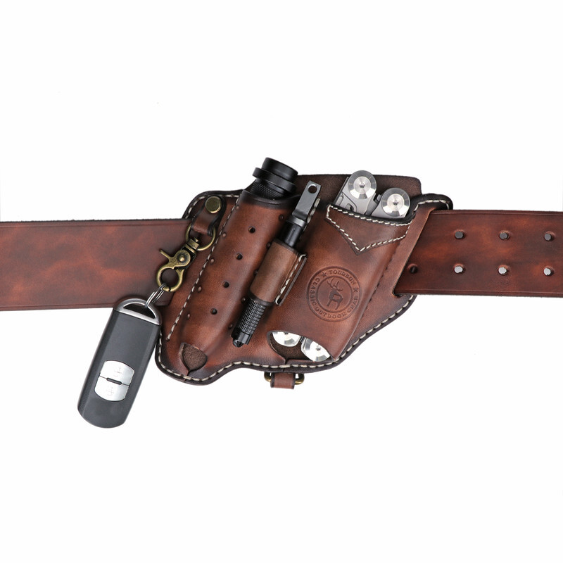 Leather Camping EDC Multitool Pouch Flashlight Holder Knife Belt Holster-TOURBON
