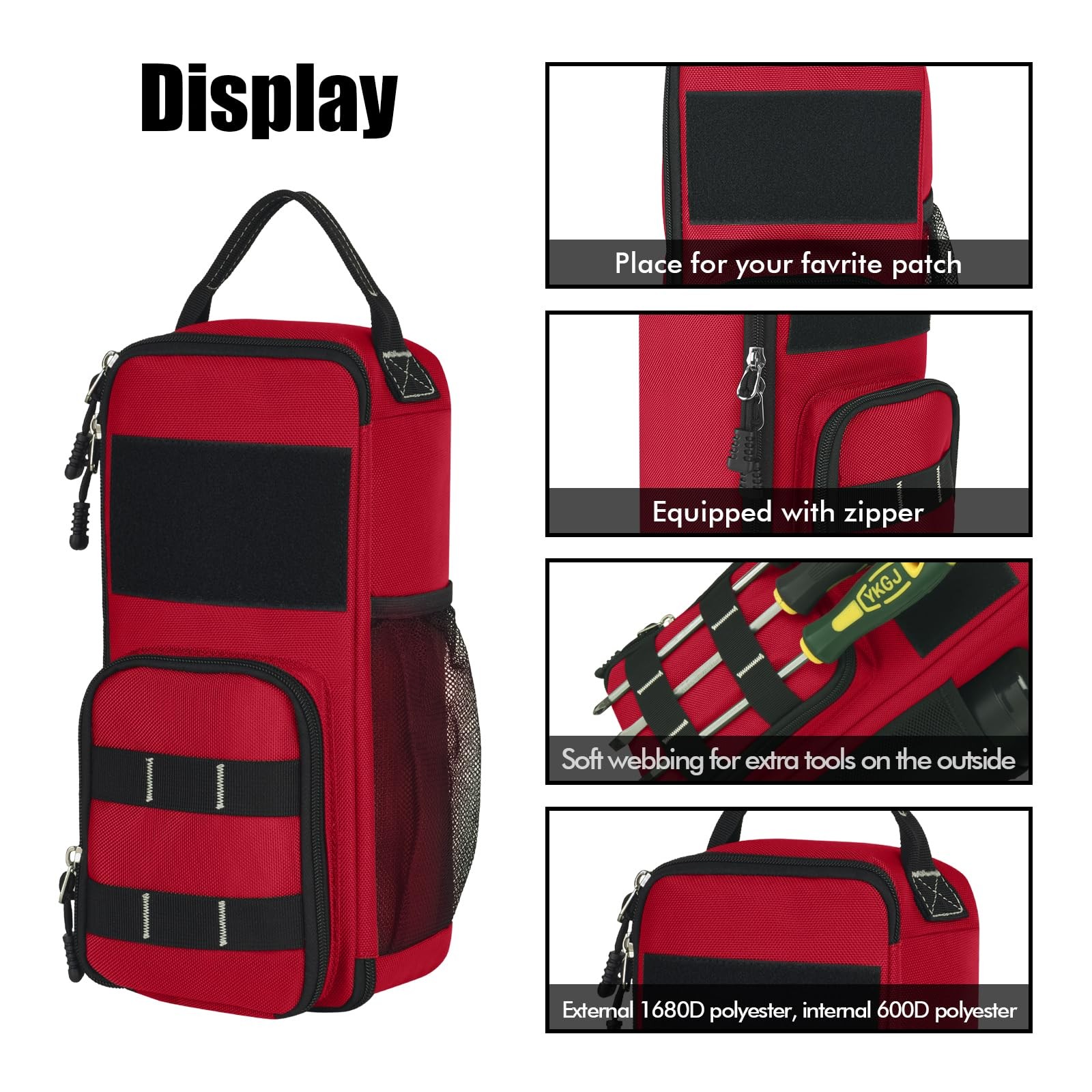 1 PCS 12.6 Inch Small Tool Bag Pouch Multiple Pockets Waterproof Zipper Red
