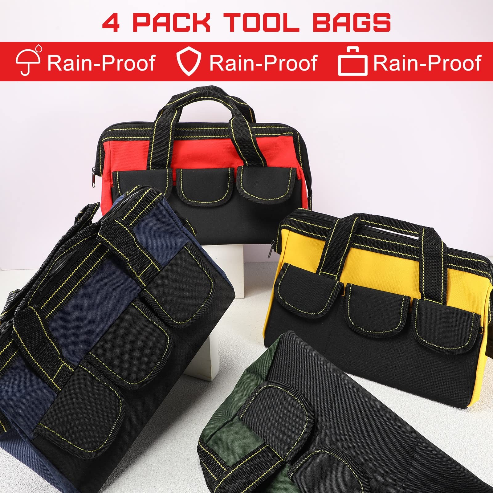 Waterproof Tool Bag Strong Molded Base Multi Pockets Wide Mouth Tote 4 PCS
