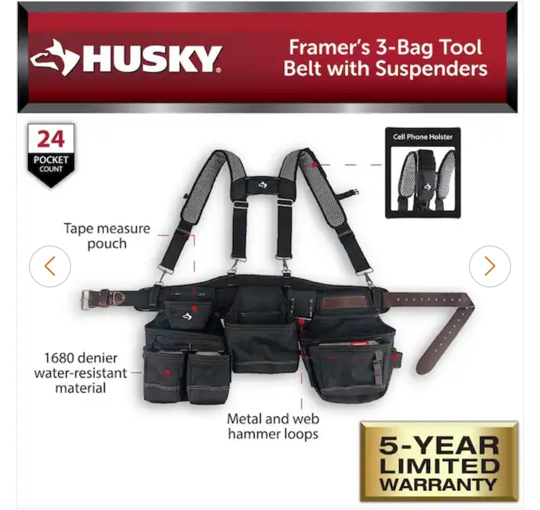 HUSKY HEAVY DUTY PRO FRAMER’S 3-BAG WORK TOOL BELT W/ SUSPENDERS 24 POCKETS
