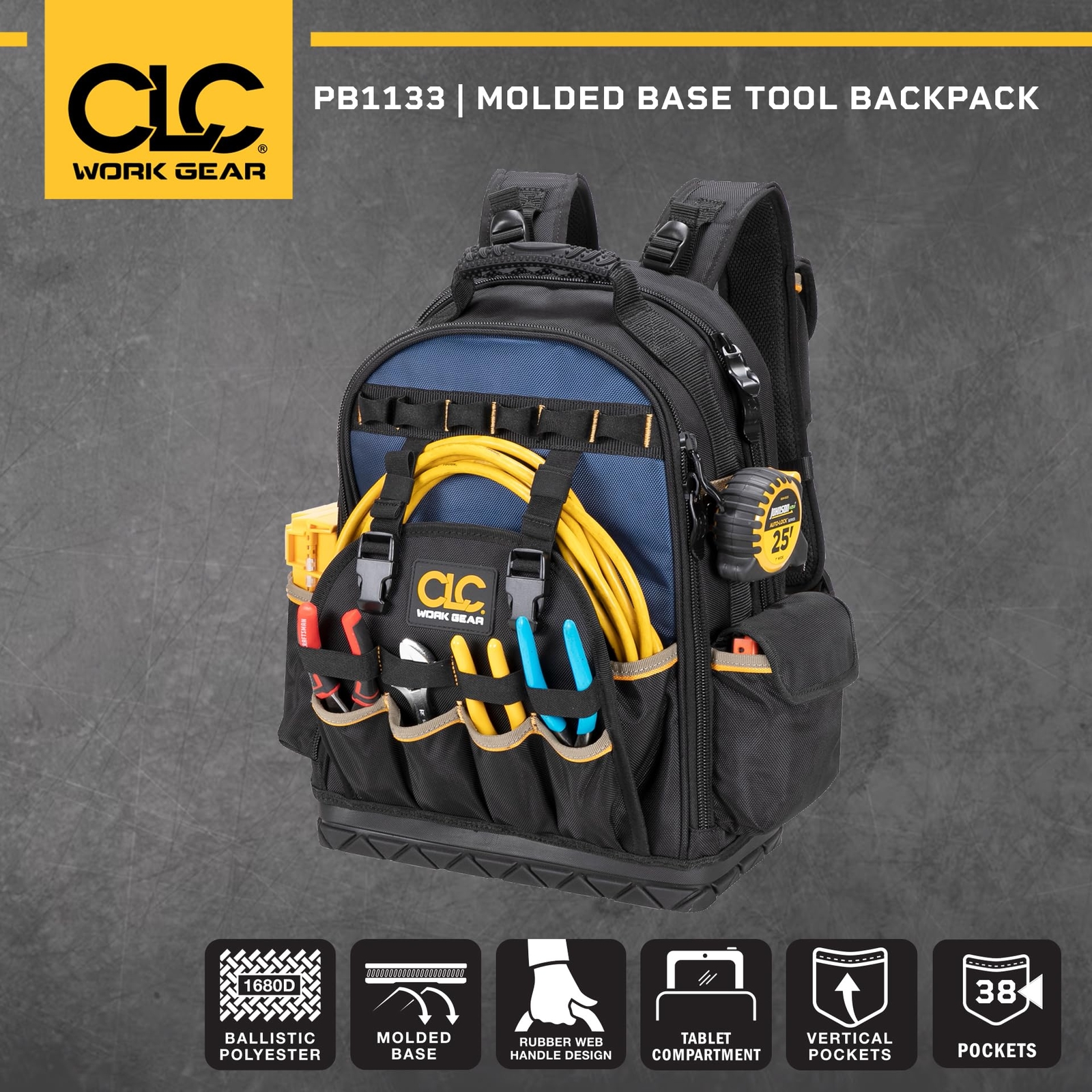 CLC Molded Base Tool Backpack with 38 Pockets for Electronics and Tools