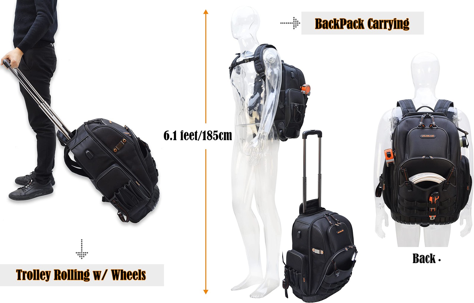 WELKINLAND 72Pockets Rolling Tool backpack, Large tool bag with wheels
