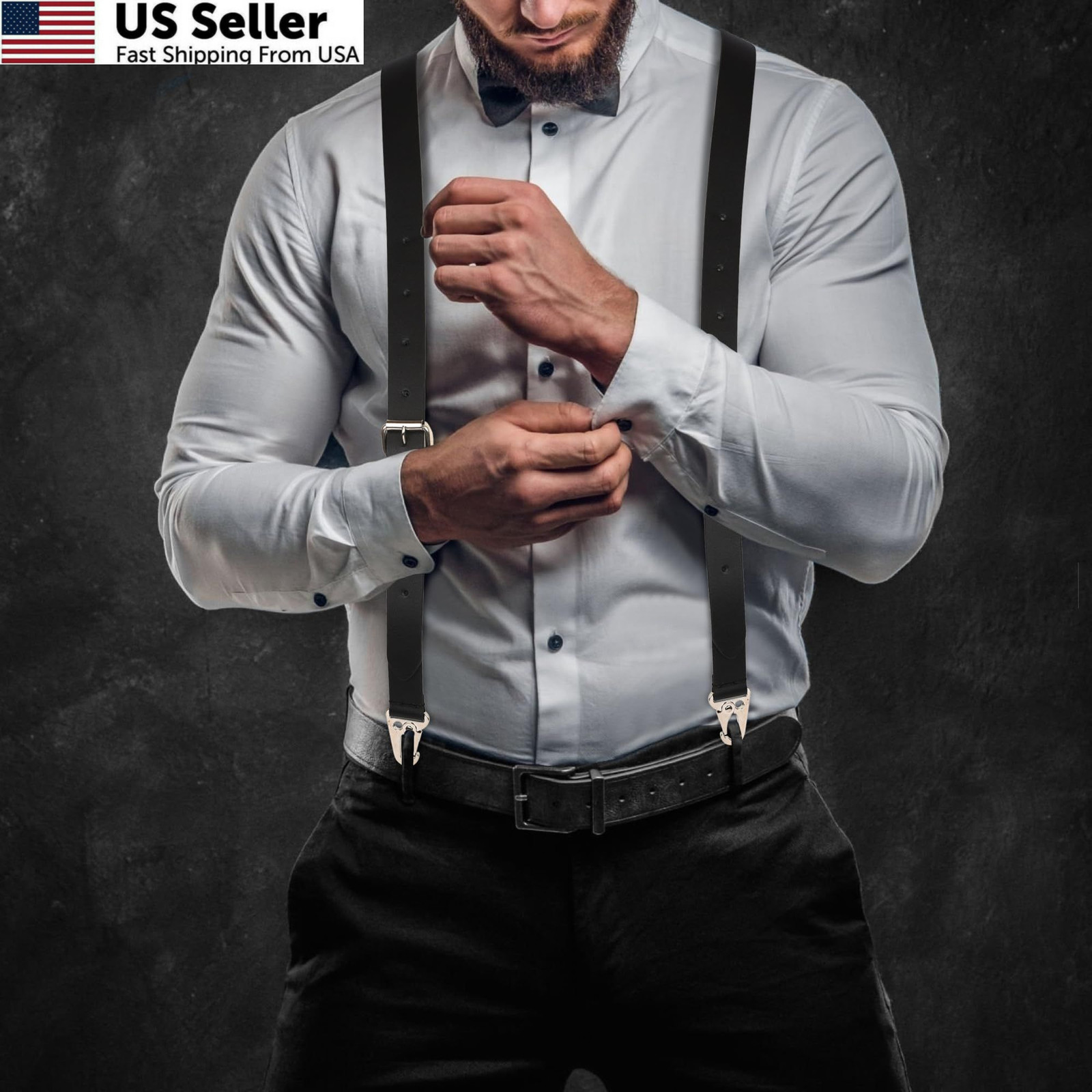 NUTUCH Full Grain Leather Suspender for Men | Y Design Adjustable, Black