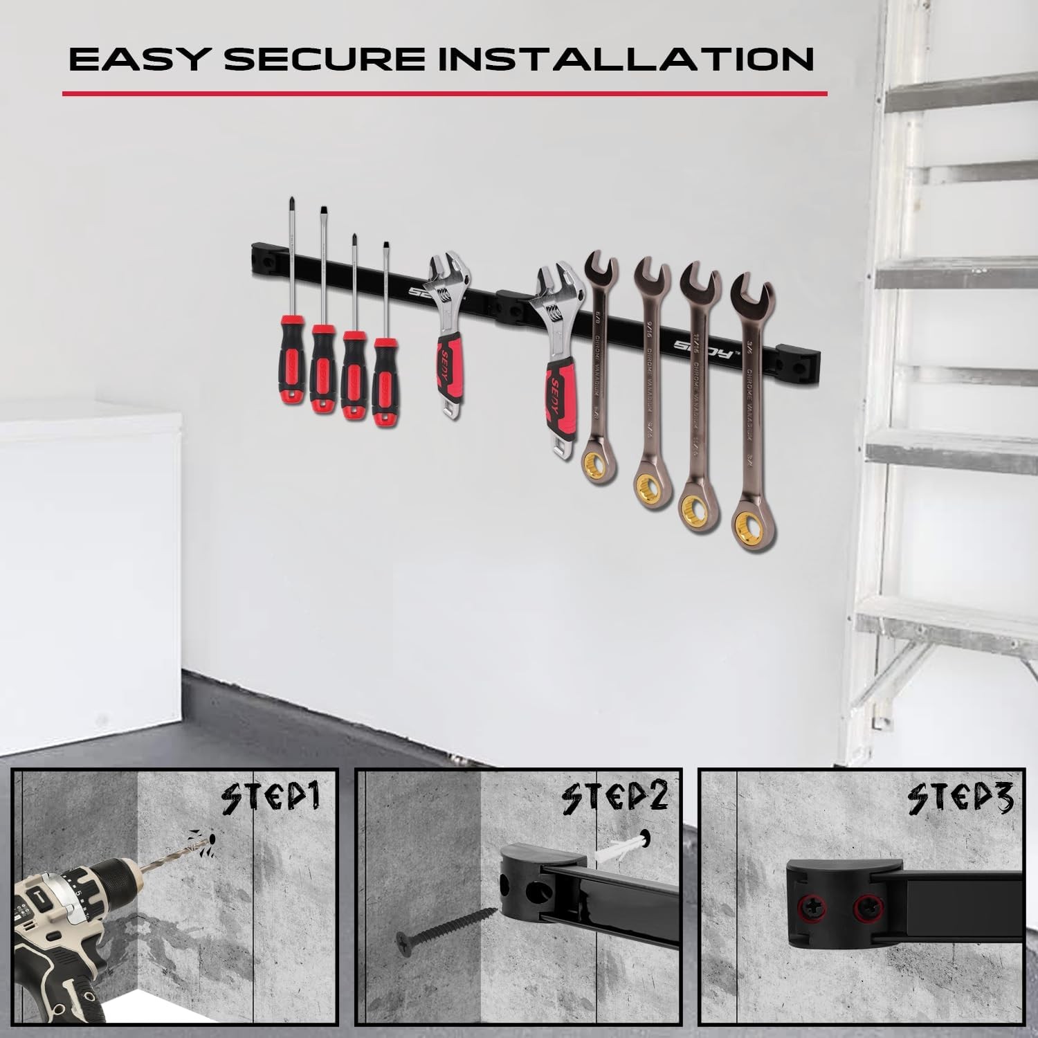 SEDY Magnetic Tool Holder Storage Organizer: 7-Piece Garage 12 Inch, Black