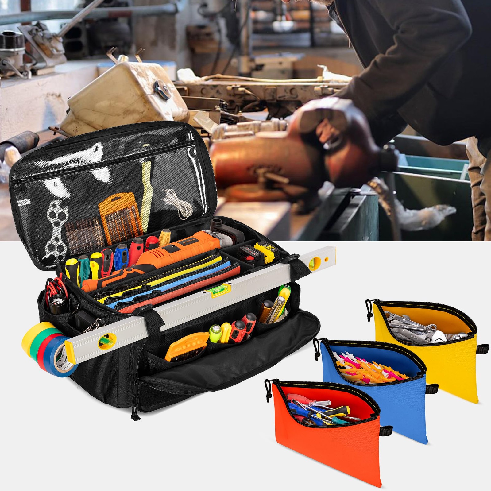 Rexmica 17-Inch Tool Bag with 3 Tool Pouches, Tool Storage Organizer Bag with…