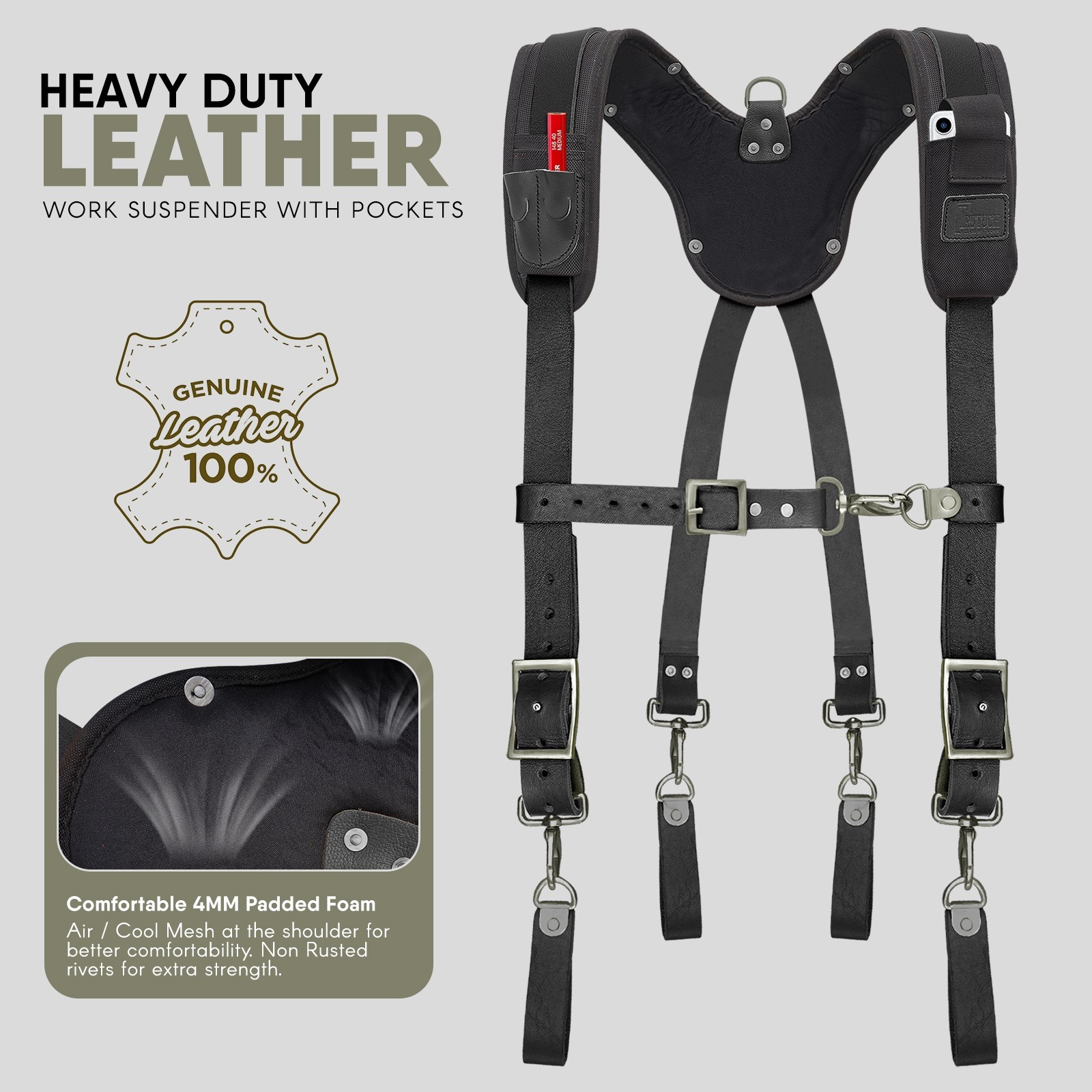 Black Leather work Suspenders | Tool Belt Suspenders | Grain Leather Suspender