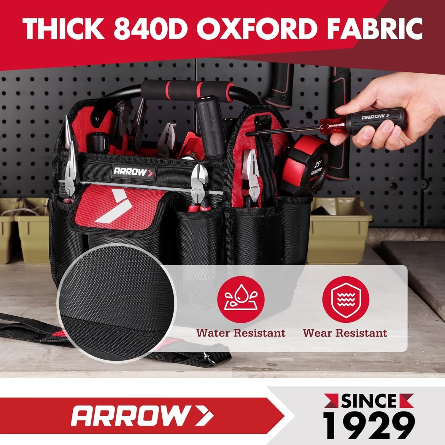 Arrow Fastener 12 Inch Tool Tote 19 Pockets Waterproof Hard Base