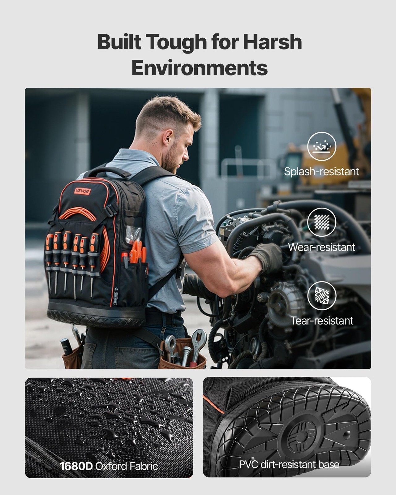 VEVOR Tool Backpack, 65 Pockets, Heavy-duty 65 Pockets + Non-Rolling, Black