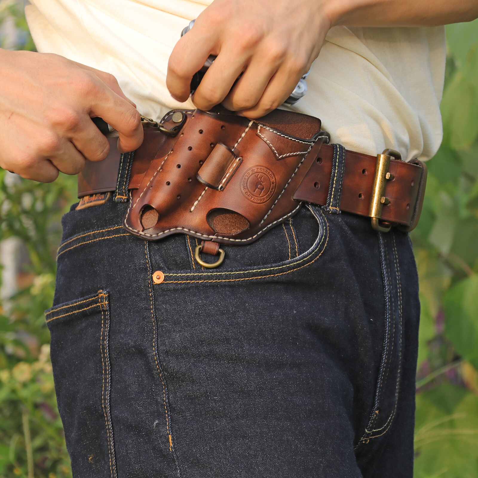 Tourbon Leather EDC Multitool Sheath Flashlight Holder Pen Belt Holster Camping
