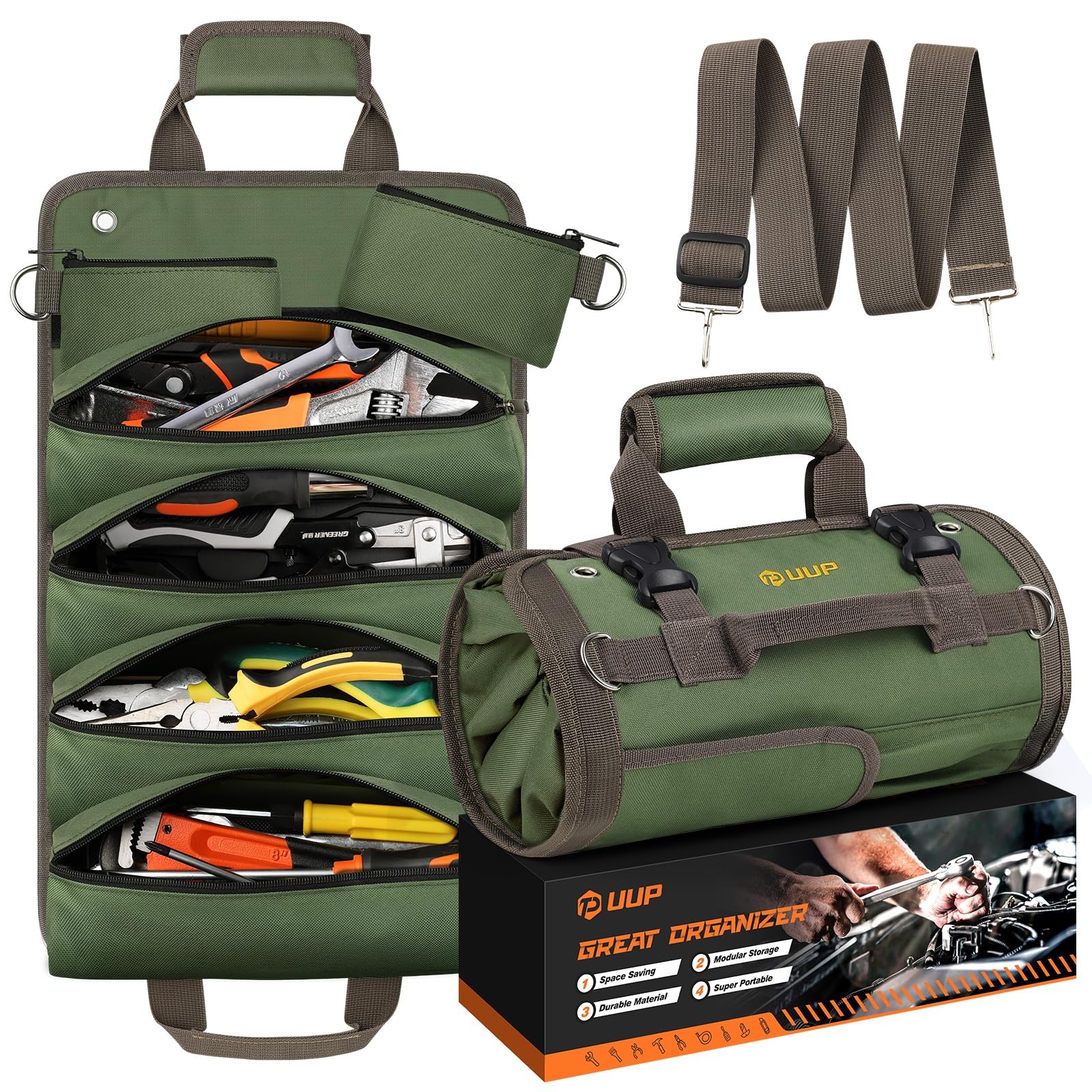 Heavy Duty Tool Roll Organizer Foldable Oxford Fabric Portable Pockets Green