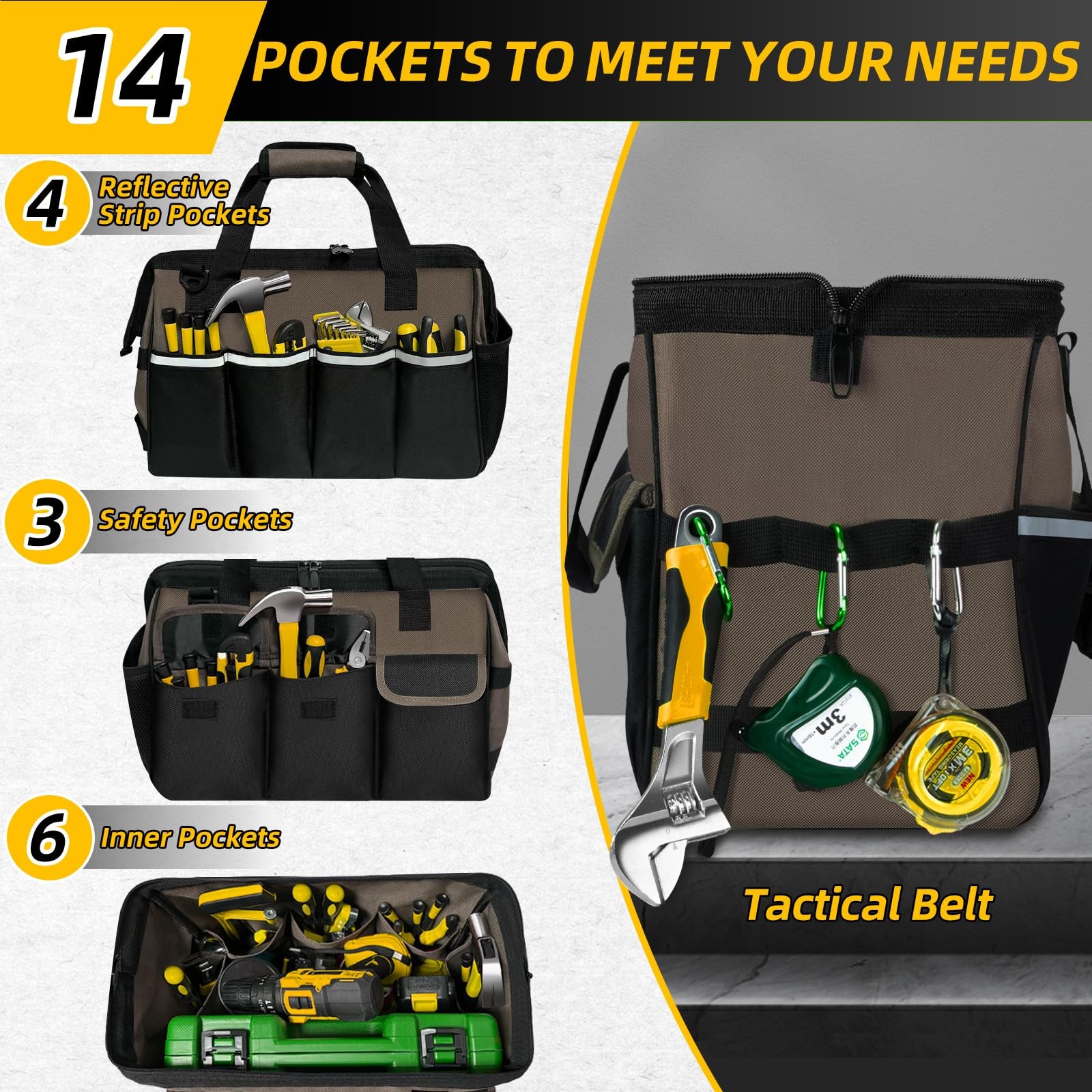 Portable Tool Bag Heavy Duty Tool Box Organizer with Shoulder Strap, Coffee