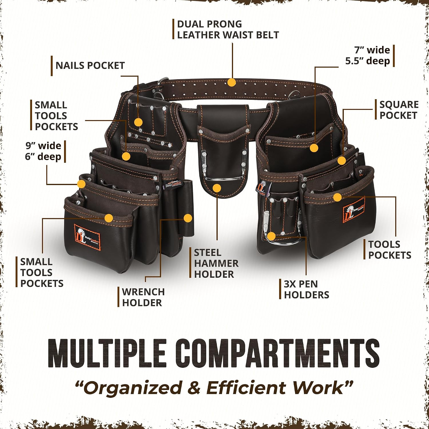 Daisy Pro Leather Tool Belt – 31 Pockets, Padded, Fits 32-52″ Waist, XL