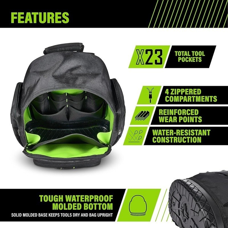 Durable Tool Backpack Organizer W/ Compartments Electricians Contractors Black