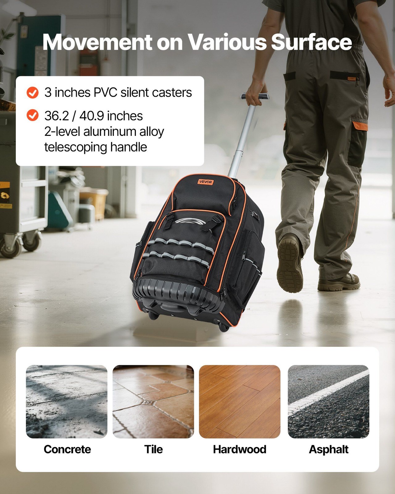 VEVOR Rolling Tool Backpack 72 Pockets Heavy Duty Roller Tool Bag on Wheels