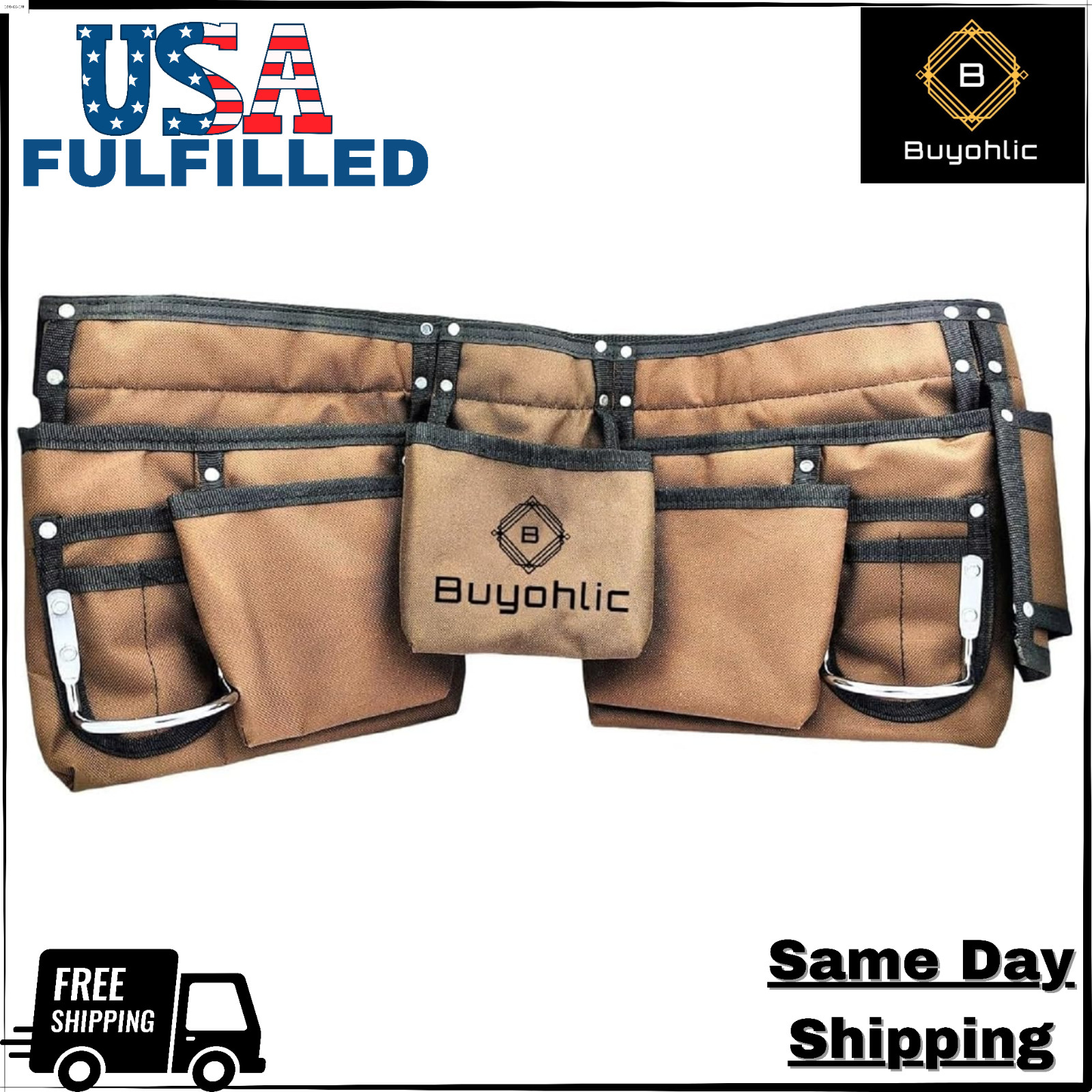 Heavy-Duty 11-Pocket Tool Bag, Double-Sided with Side Pockets-USA FULFILLED