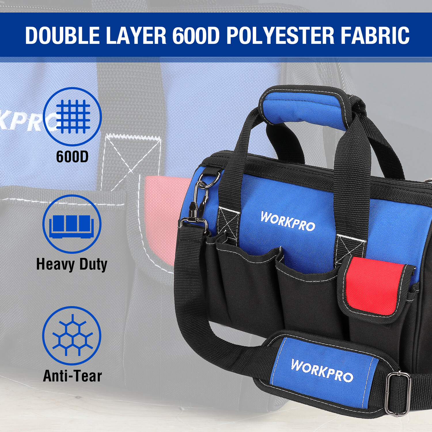 WORKPRO 14″ Tool Bag 13 Pockets Close Top Wide Open Mouth w/Adjustable Shoulder