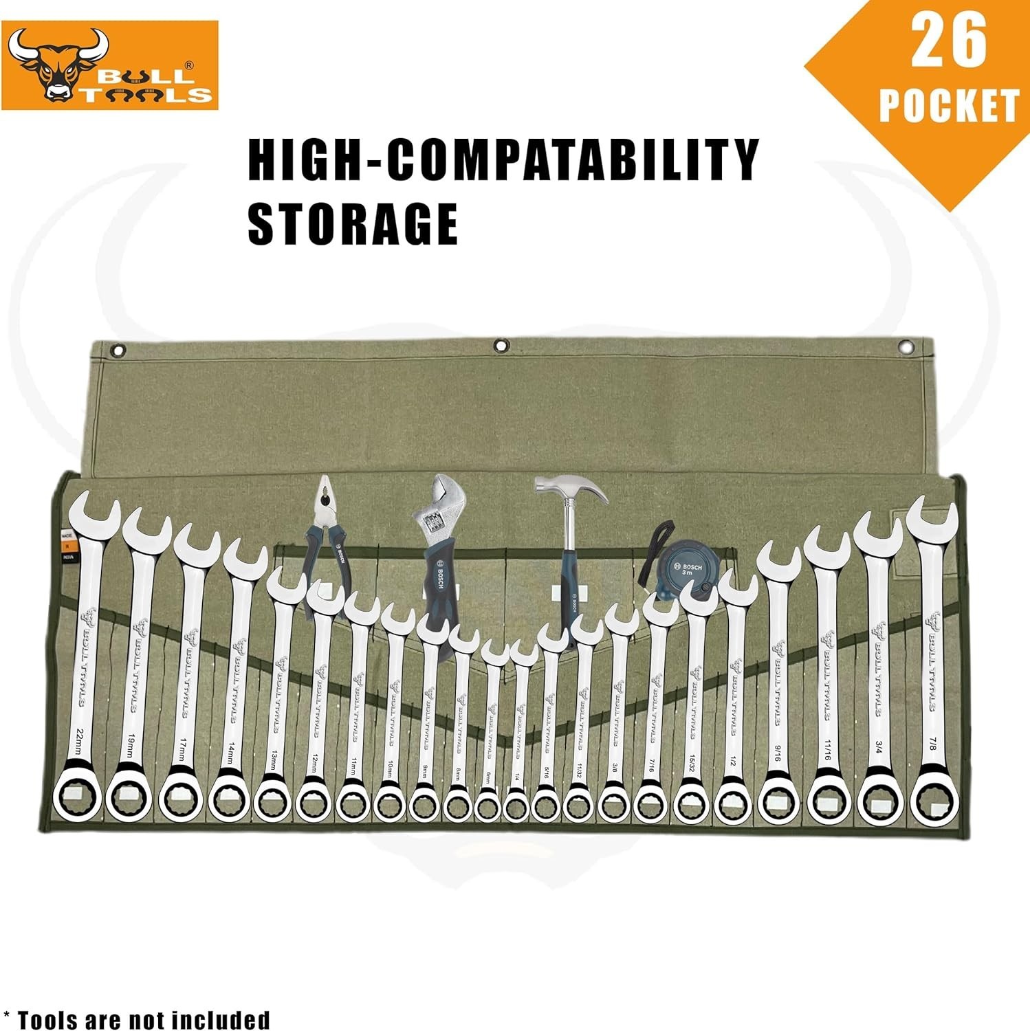 Durable Tool Roll Organizer – 26 Pockets for Wrenches in Sand Washed Olive Drab