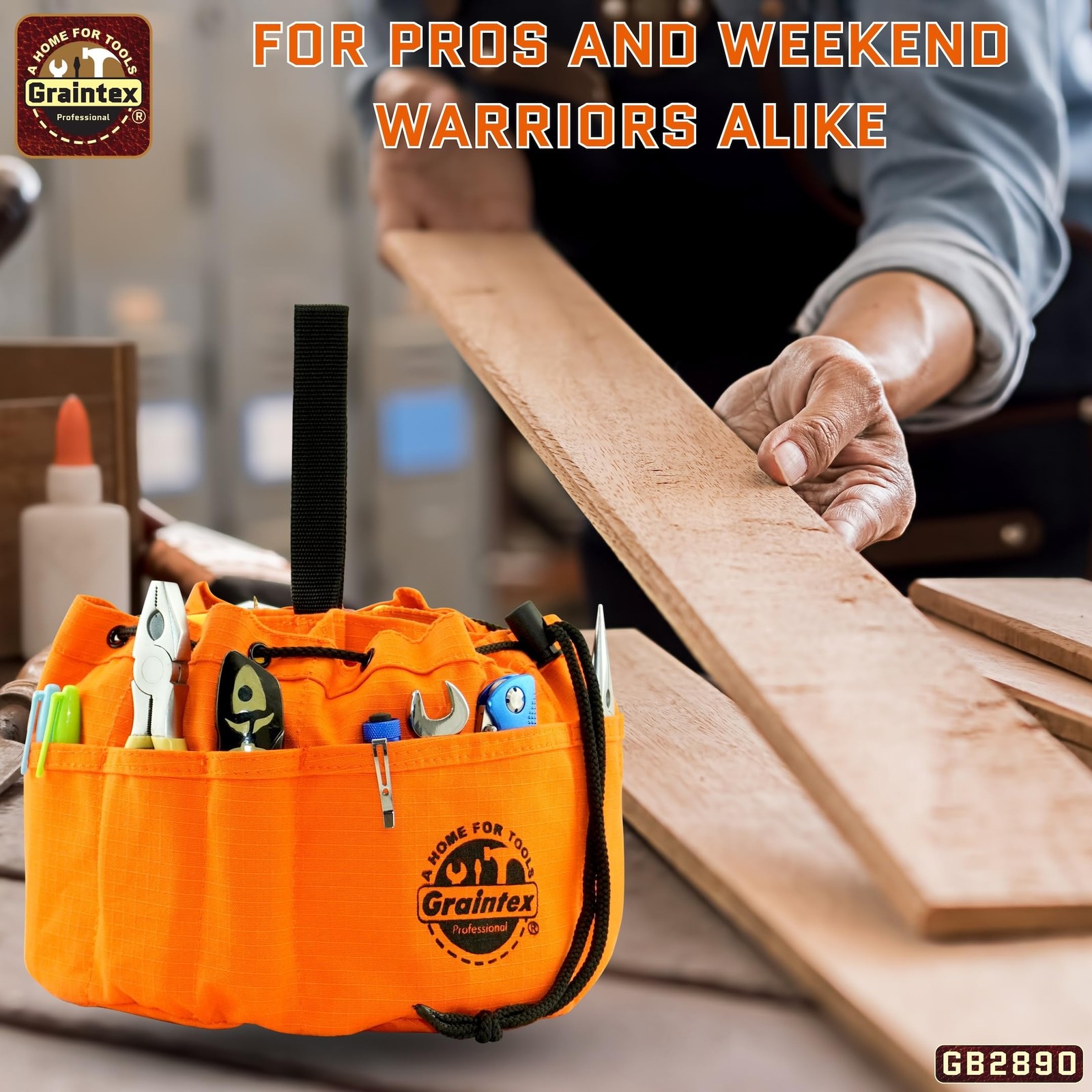Durable Small Orange Tool Bag with Multiple Pockets and Drawstring Closure