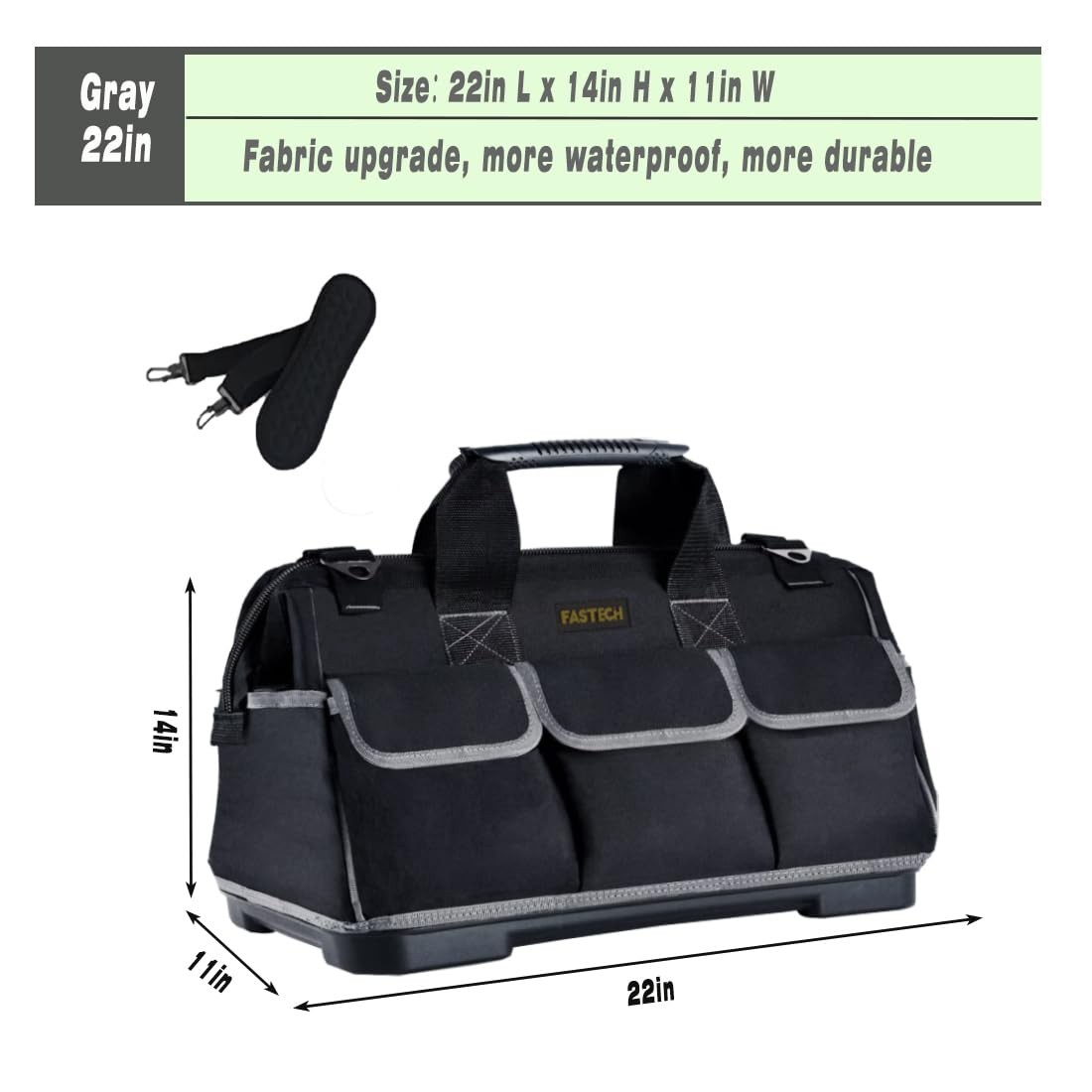 FASTECH 22-inch Wide Mouth Tool Bag 22 inch-Grey-With Bottom Shell, Black