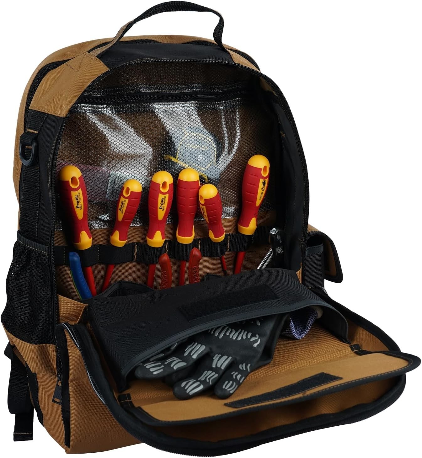 Luxury Brown Welding Tool Backpack with Detachable Helmet Bag & Large Capacity