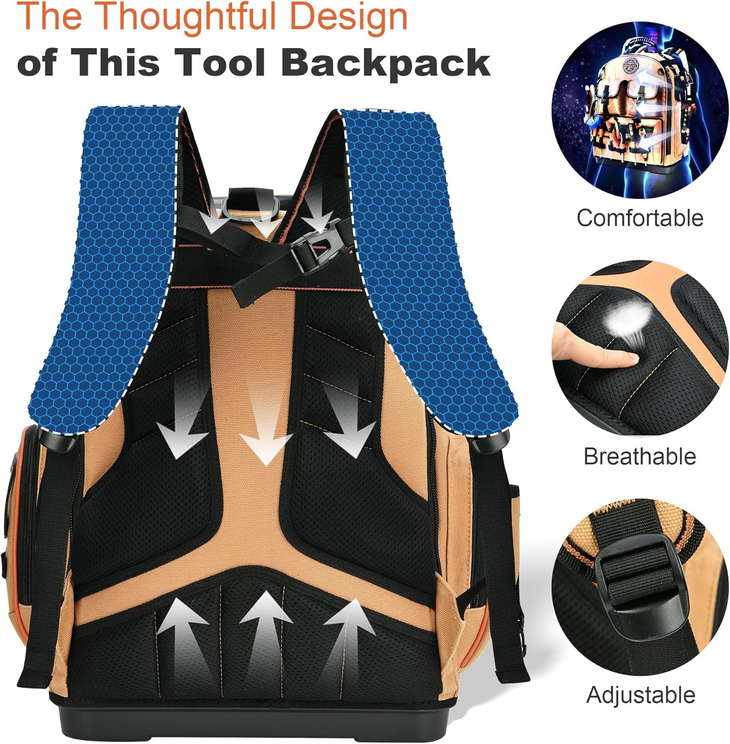 Tool Backpack Heavy Duty – Tool Backpack with Molded Base, 1680D Tool Organizer