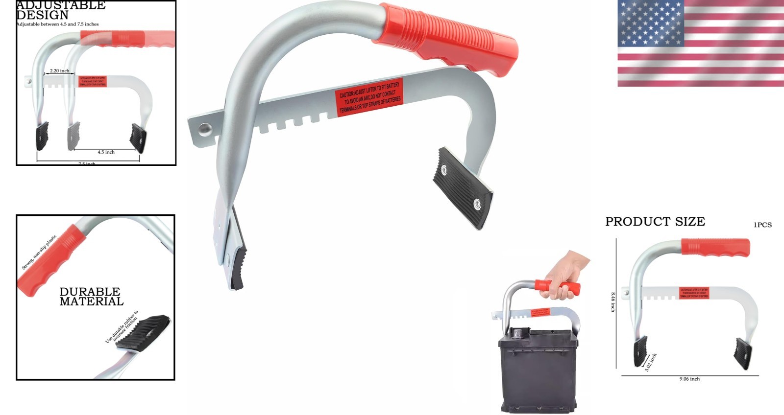Car Battery Carrier Tool Adjustable 4.5-7.5 Inch Non-Slip Rubberized Feet