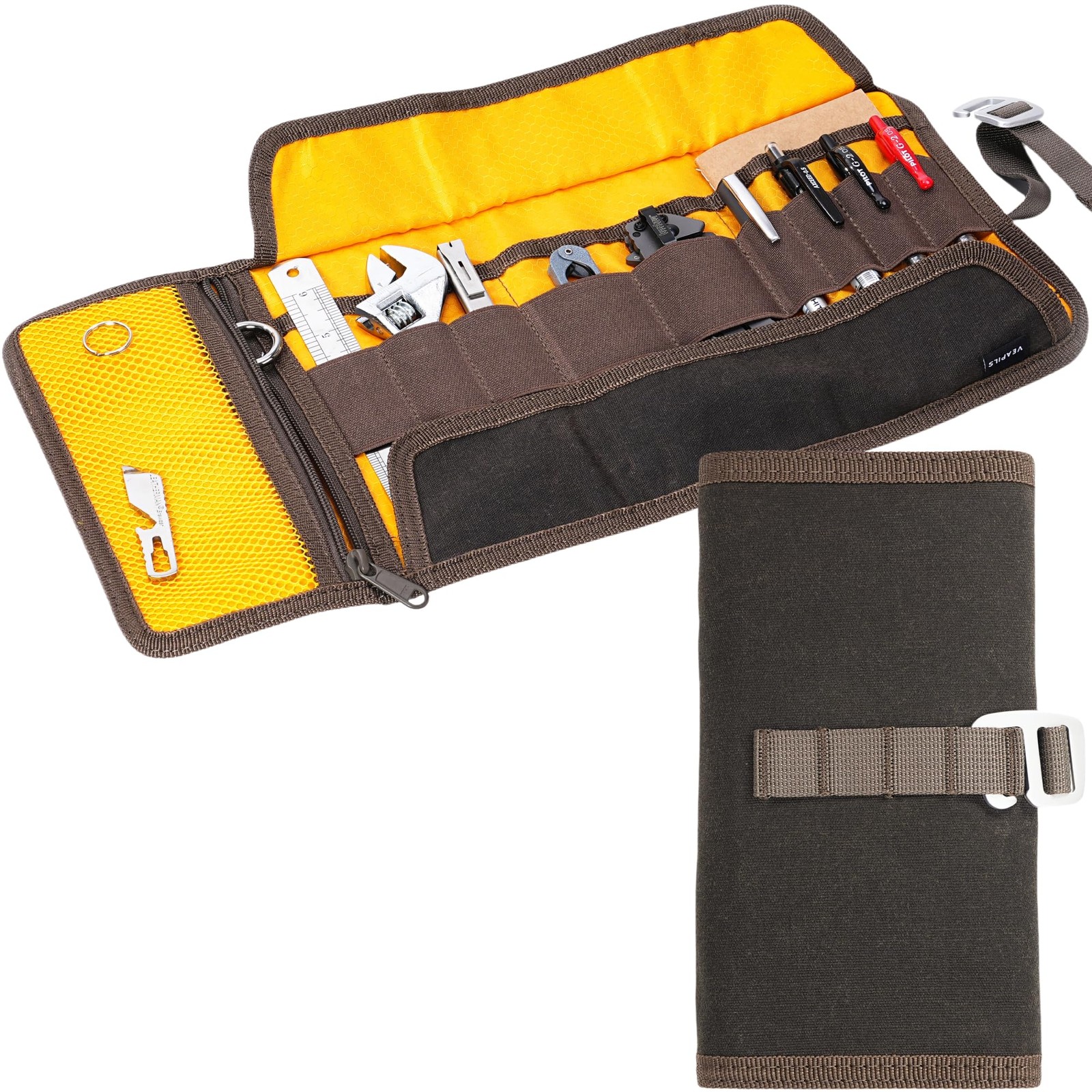 Organizer Box 16 In Portable Roll Up Waxed Canvas Multi Pocket EDC Storage Brown