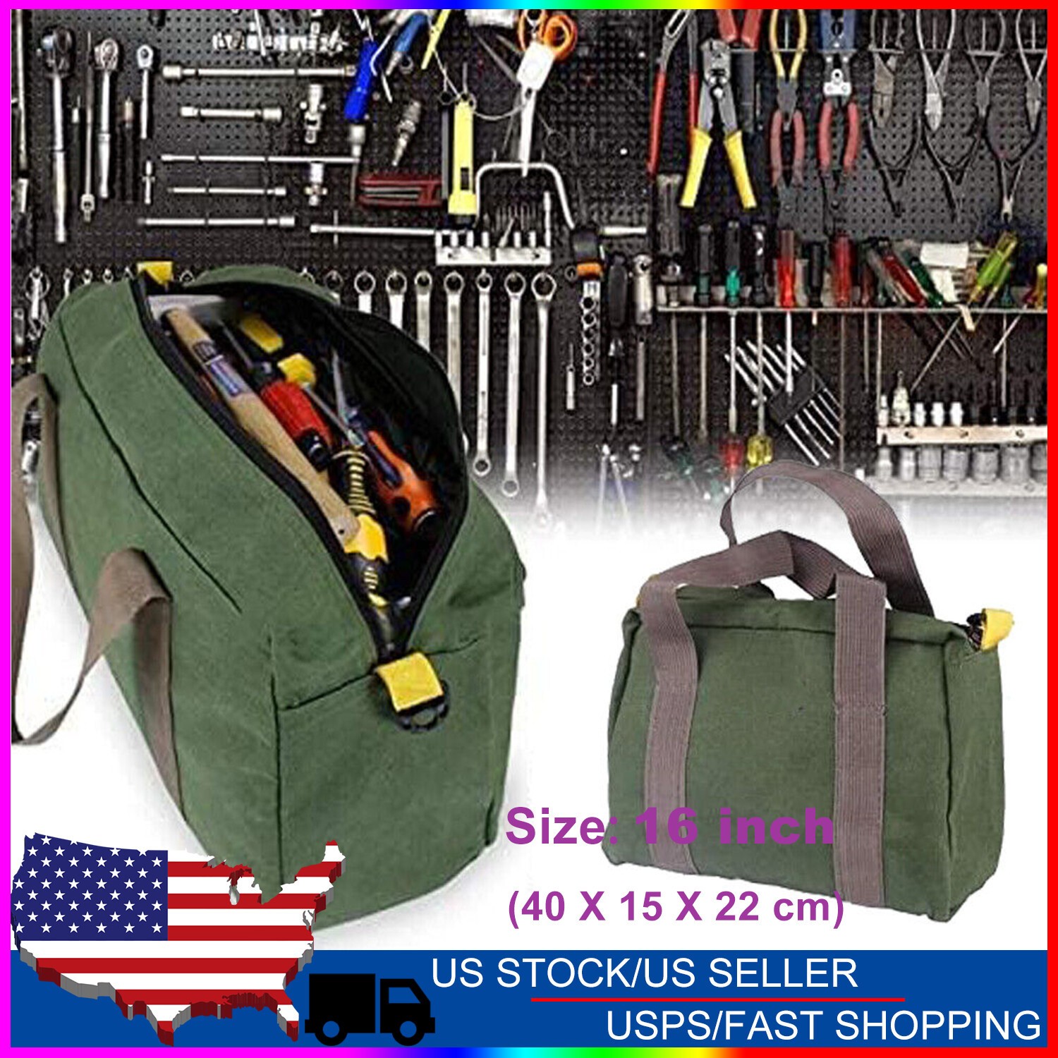 16” HEAVY DUTY GREEN MILITARY STYLE MECHANICS HARD BOTTOM TOOL BAG ZIPPER