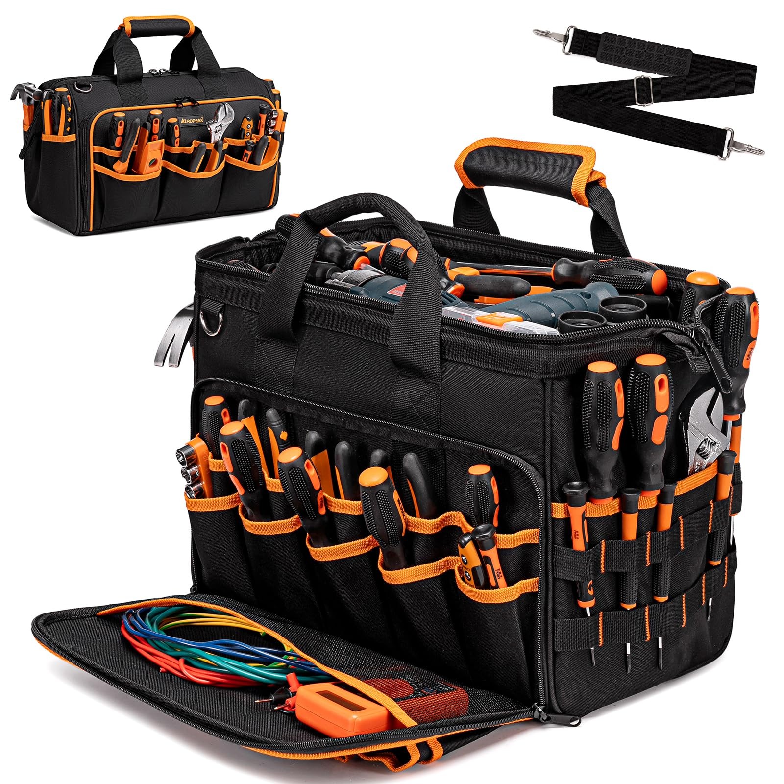 17-Inch Electrician Tool Bags for Men, 46-Pocket 17″x9.8″x12.6″, Black-orange