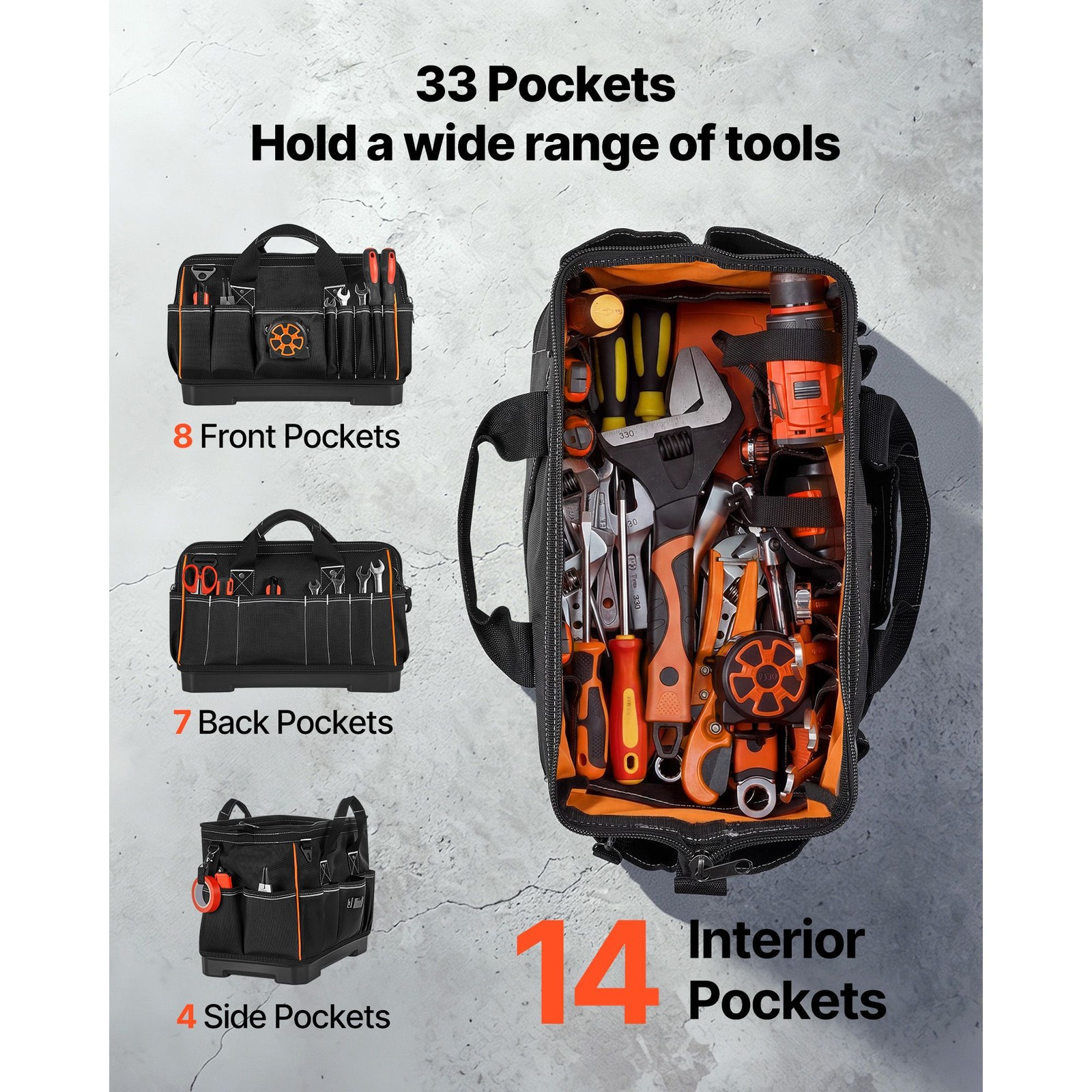 16.1in 33-Pocket Tool Bag 1680D Polyester, 40L, Steel Rivets