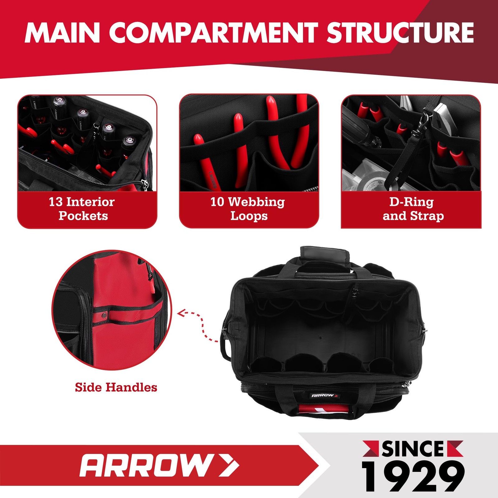 ARROW 17″ Large Tool Bag with 36 Multipurpose Pockets, 17 Inch, Red & Black