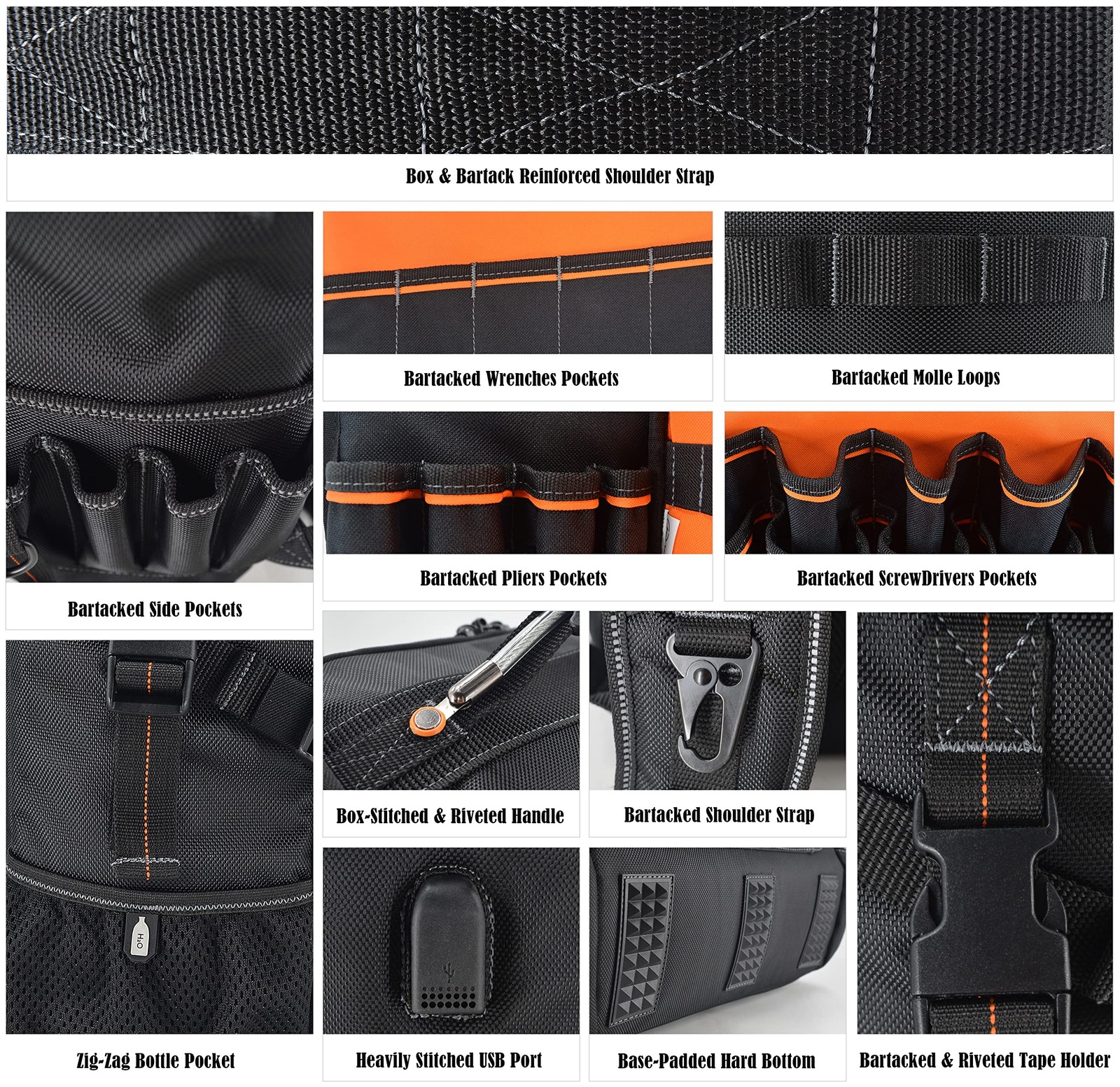 WELKINLAND Full-Open Tool backpack, backpack 20-Inch, Black w/ Orange