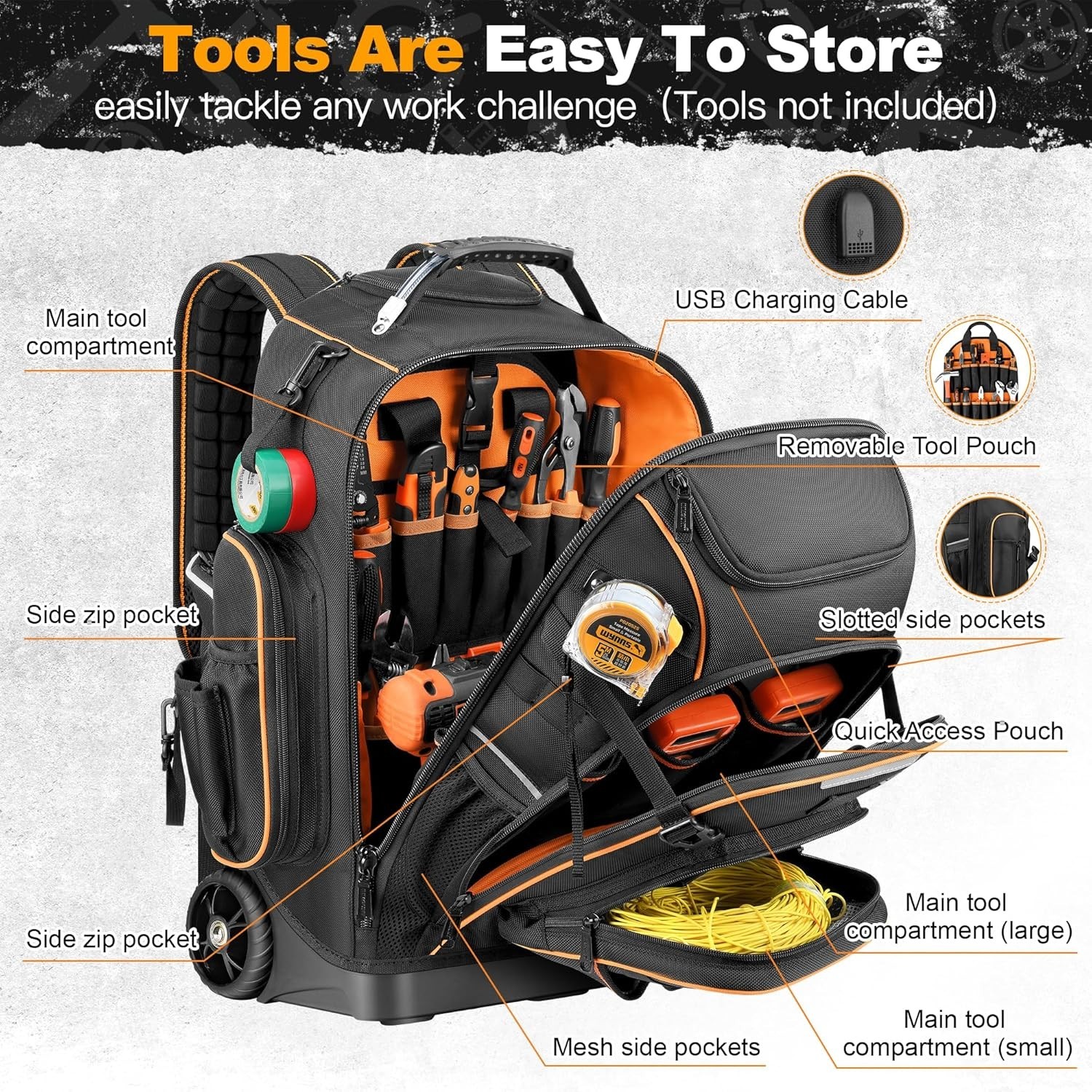 Rolling Tool Backpack Bag with Wheels, Heavy Duty Tool Bag on Wheels for Men, HV