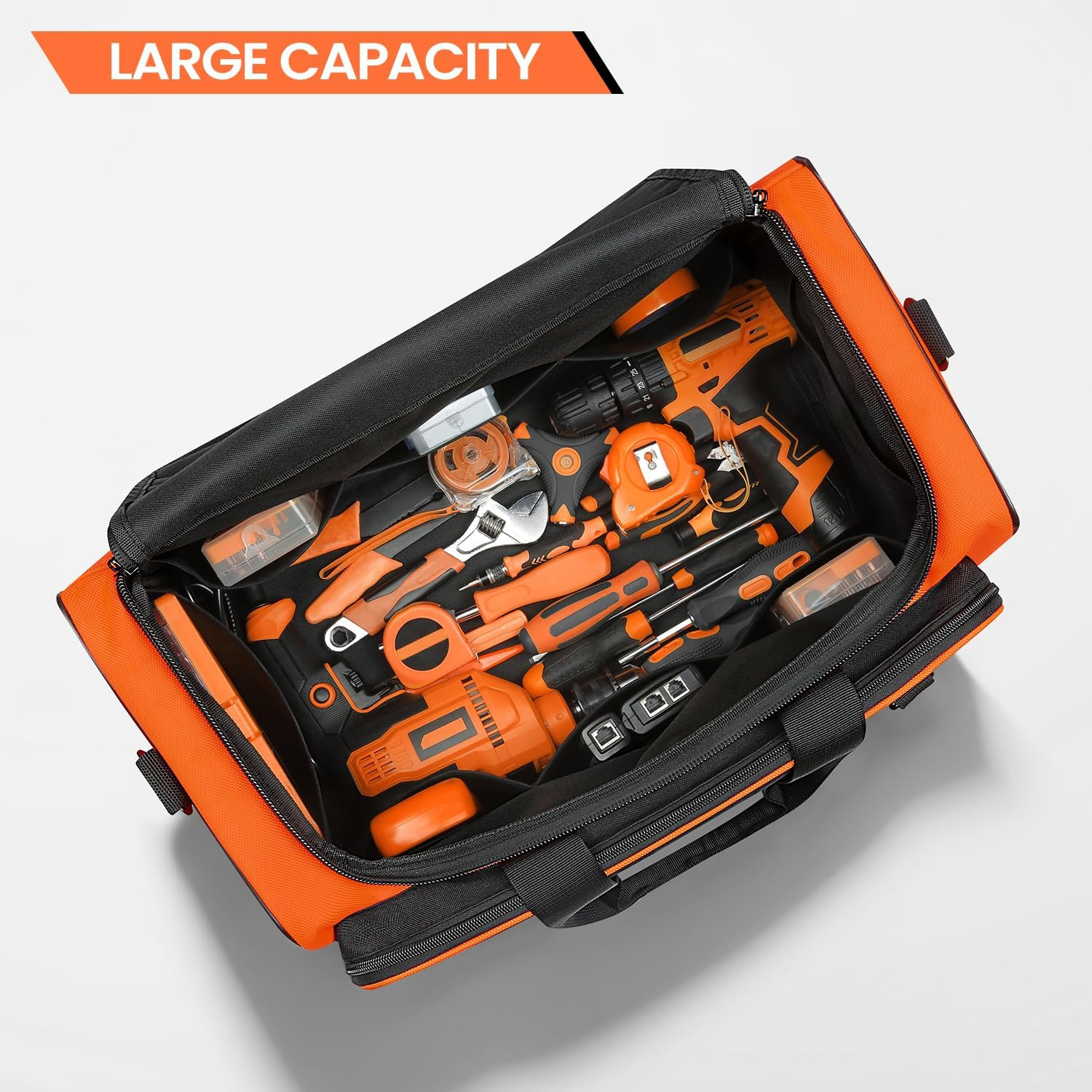 Durable Heavy Duty Tool Bag, 2 Pockets, 19.7″x11.8″x10.6″, Black & Orange